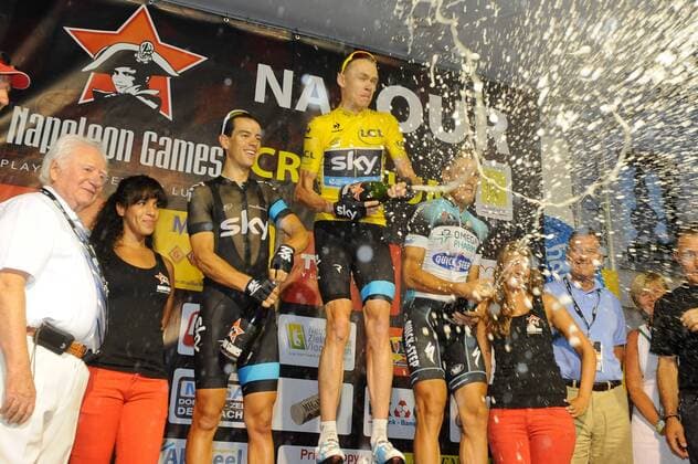 PODIUM : Richie Porte et Christopher Froome (GBR) - Sky et Matteo Trentin - Quickstep Omega Pharma Lotto CYCLING : Criterium apres le Tour de France - Aalst - 22 07 2013 PhotoNews Panoramic 