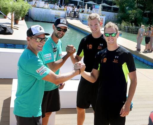 Beachvolleyball. Beach Volleyball Grand Slam 2013. Pressekonferenz. Alexander HORST, Clemens DOPPLER, Robert MEEUWSEN, Alexander BROUWER, . Klagenfurt, 30.7.2013.