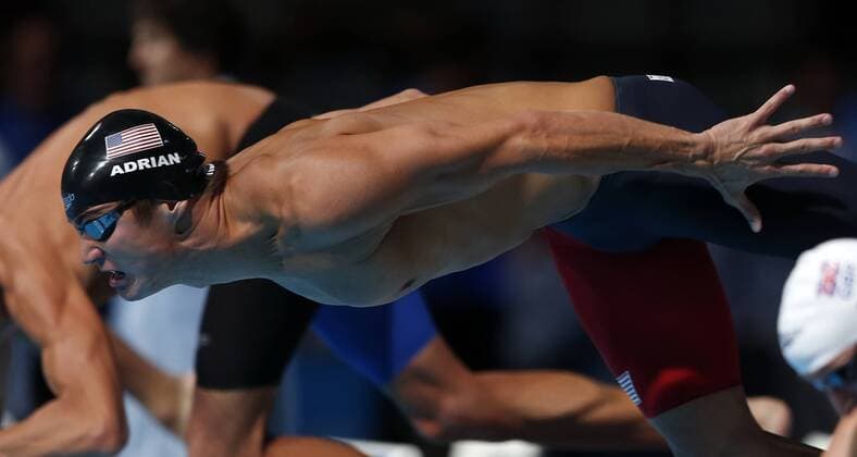 BARCELONA, 2013 - Nathan Adrian of the United States competes during the men s 100m freestyle semifinal of the Swimming competition the 15th FINA World Championships at Palau Sant Jordi in Barcelona, Spain on July 31, 2013. Nathan Adrian advanced to the final with 47.95 seconds. (Xinhua Wang Lili) (SP)SPAIN-BARCELONA-FINA WORLD CHAMPIONSHIPS-SWIMMING 