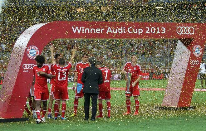 Bayern Munich s players celebrate with the trophy Bayern Munich v Manchester City - Audi Cup - Allianz Arena - Munich - Germany -01 08 2013 - EDITORIAL USE ONLY. No use with unauthorised audio, video, data, fixture lists, club league logos or live services. Online in-match use limited to 120 images, no video emulation. No use in betting, games or single club league player publications.