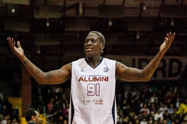 BOGOTA, Aug. 8, 2013 - Basketball player Dennis Rodman, of the Stars of the U.S. National Basketball Association (NBA) reacts during an exhibition match against Bogota s Piratas, in the city of Bogota, capital of Colombia, on Aug. 8, 2013. The basketball exhibition match was held marking the Bogota Summer Festival. (Xinhua Jhon Paz)(xzj) (SP)COLOMBIA-BOGOTA-EXHIBITION MATCH-RODMAN 