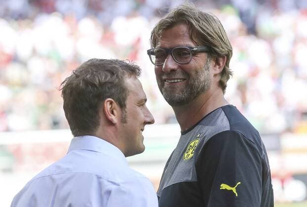 Markus WEINZIERL, FCA Trainer Jürgen KLOPP, Chef - Trainer BVB lacht, lächelt, lachend, smile, froh, happy , FC AUGSBURG - BORUSSIA DORTMUND (0 -4 ) Fussball 1. Bundesliga , München, am 10.08.2013 01.Spieltag, Saison 2013 2014, Saison1314, Liga01, 1.Liga, 1.Bundesliga, FCA, BVB