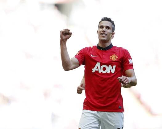 Manchester United s Robin Van Persie celebrates scoring his sides second goal Manchester United v Wigan Athletic - FA Community Shield - Wembley - London - England -11 08 2013 - Pic David Klein Sportimage EDITORIAL USE ONLY. No use with unauthorised audio, video, data, fixture lists, club league logos or live services. Online in-match use limited to 120 images, no video emulation. No use in betting, games or single club league player publications.