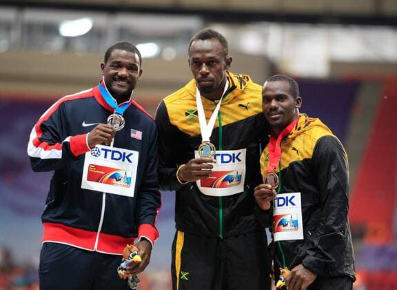 Moskau, Leichtathletik, Athletics, Track and Field, IAAF, Leichtathletik WM Moskau 2013, World Championships moscow, Luzhniki, Moskau, 100m Männer Siegerehrung, Justin Gatlin, Usain Bolt, Nesta Carter