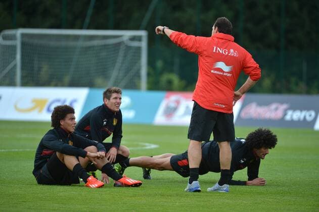 Axel Witsel - Sebastien Pocognoli - Marc Wilmots head coach of Belgian Team - Marouane Fellaini FOOTBALL : Training - Belgium - 12 08 2013 PhotoNews Panoramic 