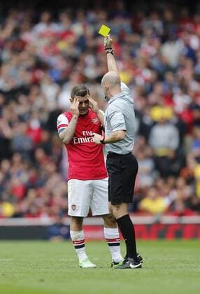 Arsenal s Jack Wilshere looks on dejected after getting booked - FC Arsenal London v Aston Villa FC - Barclays Premiership - Emirates Stadium - London - England -17 08 2013 - EDITORIAL USE ONLY. No use with unauthorised audio, video, data, fixture lists, club league logos or live services. Online in-match use limited to 120 images, no video emulation. No use in betting, games or single club league player publications.