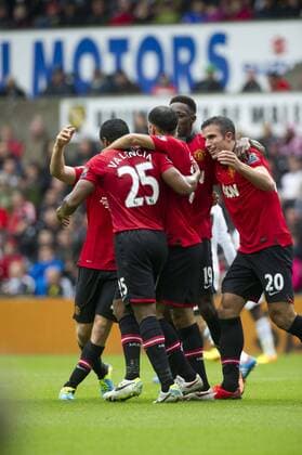 Football - 2013 2014 Premier League - Swansea City vs. Manchester United (ManU) Utd celebrate their 2nd goal at Liberty Stadium.