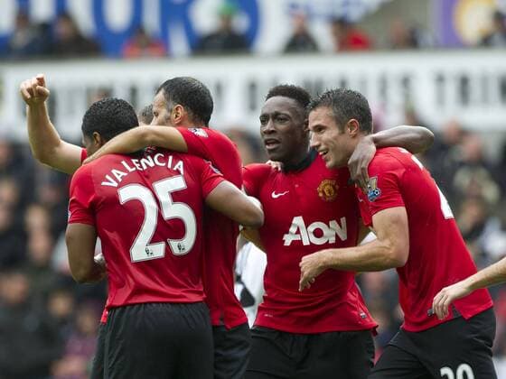 Football - 2013 2014 Premier League - Swansea City vs. Manchester United (ManU) utd celebrate their 2nd goal at Liberty Stadium.