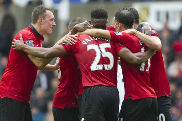 Football - 2013 2014 Premier League - Swansea City vs. Manchester United (ManU) Utd celebrate their 2nd goal at Liberty Stadium. 