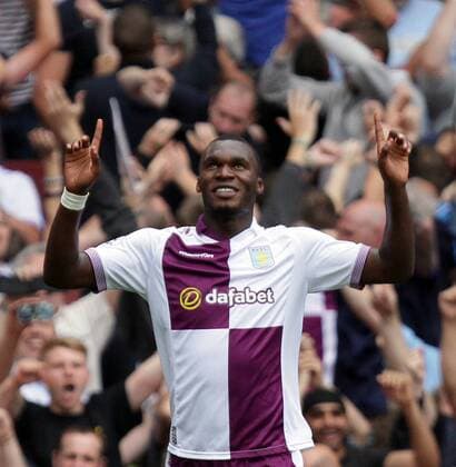 Arsenal FC London v Aston Villa . . London, UK . . 17.08.2013 Christian Benteke celebrates scoring a goal for Aston Villa. 1-2 