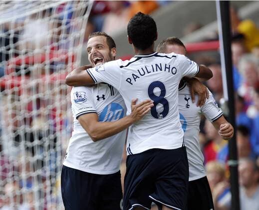 Tottenham s Roberto Soldado celebrates scoring his sides opening goal with Paulinho Crystal Palace v Tottenham Hotspur - Barclays Premiership - Selhurst Park - London - England -18 08 2013 - Pic David Klein Sportimage EDITORIAL USE ONLY. No use with unauthorised audio, video, data, fixture lists, club league logos or live services. Online in-match use limited to 120 images, no video emulation. No use in betting, games or single club league player publications.