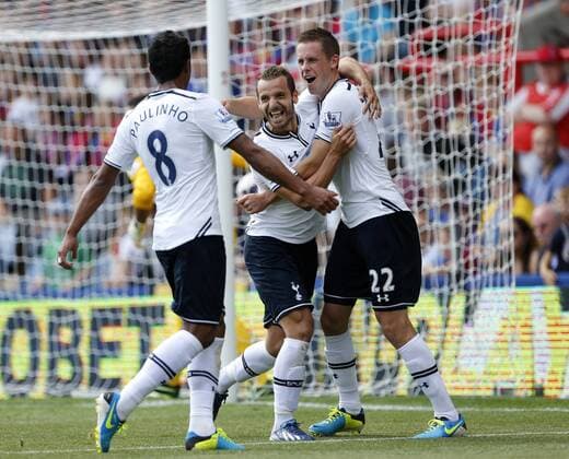 Tottenham s Roberto Soldado celebrates scoring his sides opening goal with Paulinho Crystal Palace v Tottenham Hotspur - Barclays Premiership - Selhurst Park - London - England -18 08 2013 - Pic David Klein Sportimage EDITORIAL USE ONLY. No use with unauthorised audio, video, data, fixture lists, club league logos or live services. Online in-match use limited to 120 images, no video emulation. No use in betting, games or single club league player publications.