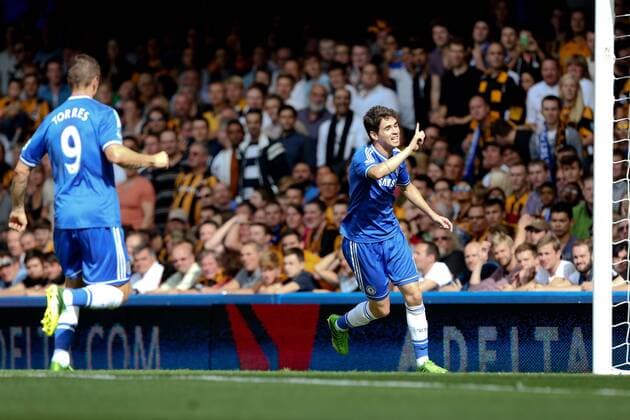 Oscar of Chelsea scoring his team s 1st goal - Chelsea v Hull City - Premier League - Stamford Bridge - London - 18th August 2013 - Pic Charlie Forgham-Bailey Sportimage EDITORIAL USE ONLY. No use with unauthorised audio, video, data, fixture lists, club league logos or live services. Online in-match use limited to 120 images, no video emulation. No use in betting, games or single club league player publications.