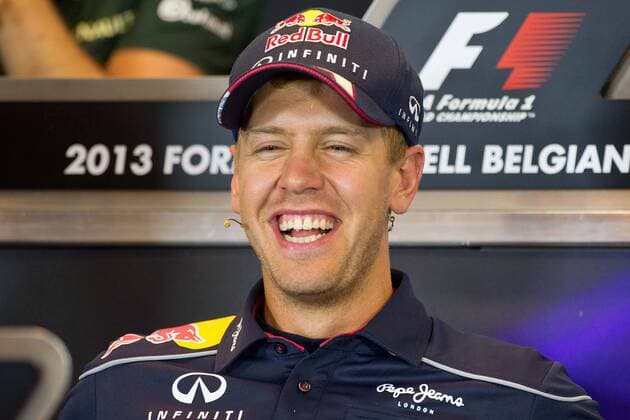 Sebastian VETTEL (GER), Red Bull, lachend, lachen, gut aufgelegt; Pressekonferenz am 22.08.2013 Formel 1, Grosser Preis von Belgien in Spa Francorchamps vom 22.08. - 25.08.2013, Saison 2013,