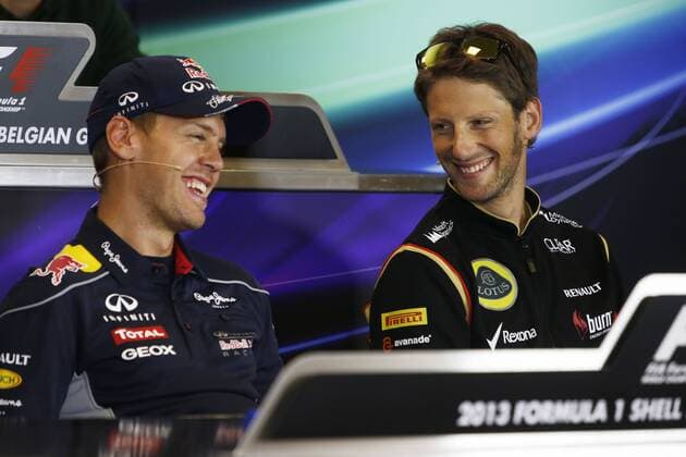 Motorsports: FIA Formula One World Championship 2013, Grand Prix of Belgium, 1 Sebastian Vettel (GER, Infiniti Red Bull Racing), 8 Romain Grosjean (FRA, Lotus F1 Team), xHOCHxZWEIx