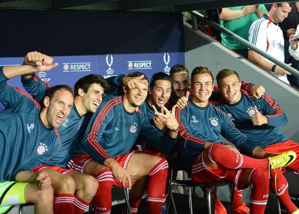 30.08.2013, xjhx, Fussball, UEFA Supercup 2013, FC Bayern München - Chelsea London, v.l. Tom Starke, Javi Martinez (FC Bayern München), Daniel van Buyten (FC Bayern München), Claudio Pizarro, Diego Contento, Mario Götze, Xherdan Shaqiri (FC Bayern München)