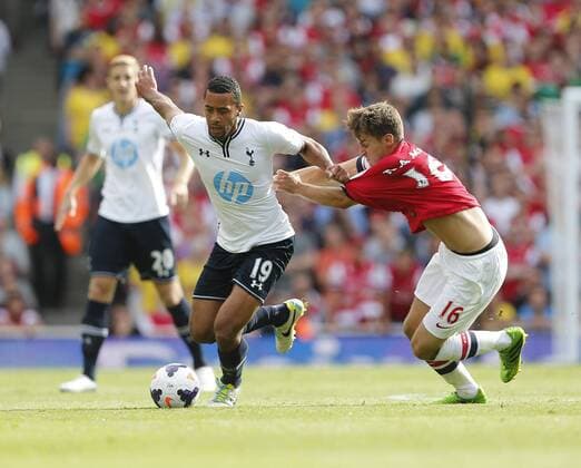 Arsenal s Aaron Ramsey tussles with Tottenham s Mousa Dembele Arsenal v Tottenham Hotspur - Barclays Premier League - Emirates Stadium - London - England -01 09 2013 - Pic David Klein Sportimage EDITORIAL USE ONLY. No use with unauthorised audio, video, data, fixture lists, club league logos or live services. Online in-match use limited to 120 images, no video emulation. No use in betting, games or single club league player publications.