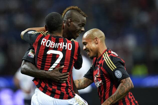 Robinho (L) Milan, Mario Balotelli, Nigel De Jong Goal celebration Milano 01-09-2013 Stadio Giuseppe Meazza San Siro Football Calcio Campionato Italiano Serie A AC Mailand - Cagliari Calcio andreaxstaccioli