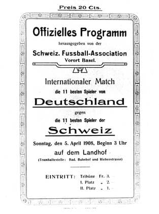 Die Titelseite des Programms zum ersten deutschen Länderspiel gegen die Schweiz