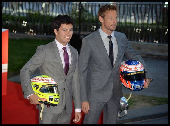 Rush - UK film premiere. L to R Mexican racing driver Sergio Perez and British Formula One driver Jenson Button during the Rush - UK film premiere, Odeon, London, United Kingdom. Monday, 2nd September 2013. Picture by AndrewxParsons i-Images AndrewxParsonsx xi-Images  IIM-0376-0114