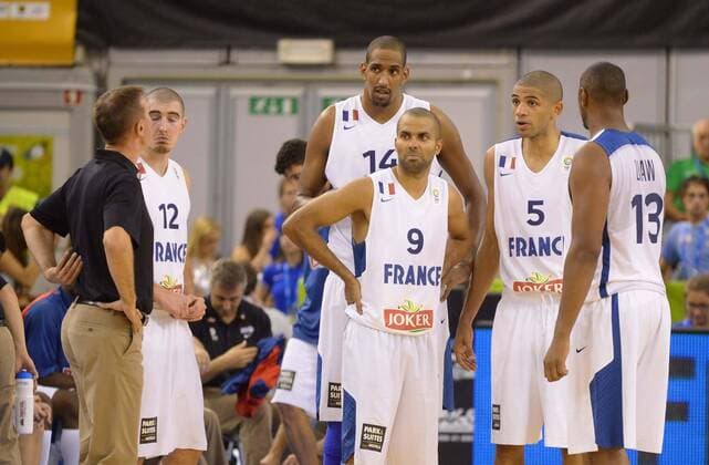 Basketball Ljubljana 04.09.2013 Eurobasket 2013 Europameisterschaften der Herren Frankreich (FRA) - Deutschland (GER) Tony Parker (Frankreich, No.09) Nicolas Baum (Frankreich, No.05) Boris Diaw (Frankreich, No.13) Vincent Collet (Frankreich, Trainer) Alexis Ajinca (Frankreich, No.14) Nando De Cool (Frankreich, No.12)