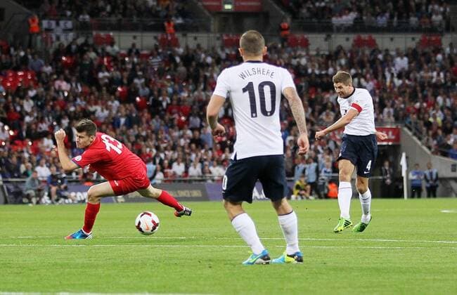 England s Steven Gerrard scoring his sides opening goal England v Moldova - 2014 World Cup Qualifier - Wembley Stadium - London - England -06 09 2013 - Pic David Klein Sportimage EDITORIAL USE ONLY. No use with unauthorised audio, video, data, fixture lists, club league logos or live services. Online in-match use limited to 120 images, no video emulation. No use in betting, games or single club league player publications.