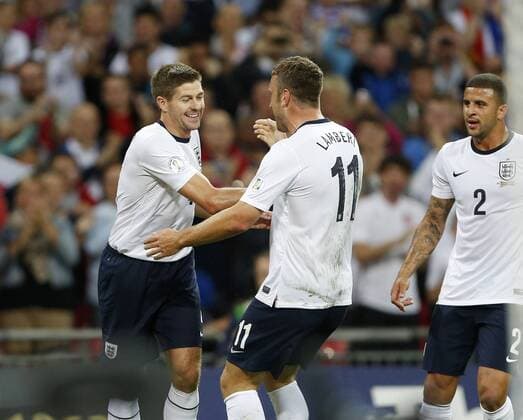 England s Steven Gerrard celebrates scoring his sides opening goal England v Moldova - 2014 World Cup Qualifier - Wembley Stadium - London - England -06 09 2013 - Pic David Klein Sportimage EDITORIAL USE ONLY. No use with unauthorised audio, video, data, fixture lists, club league logos or live services. Online in-match use limited to 120 images, no video emulation. No use in betting, games or single club league player publications.