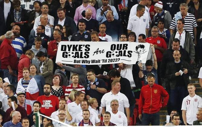 England s fans hold up a banner referring to new FA Chairman Greg Dyke s comments England - 2013 World Cup Qualifier - Wembley Stadium - London - England -06 09 2013 - EDITORIAL USE ONLY. No use with unauthorised audio, video, data, fixture lists, club league logos or live services. Online in-match use limited to 120 images, no video emulation. No use in betting, games or single club league player publications.