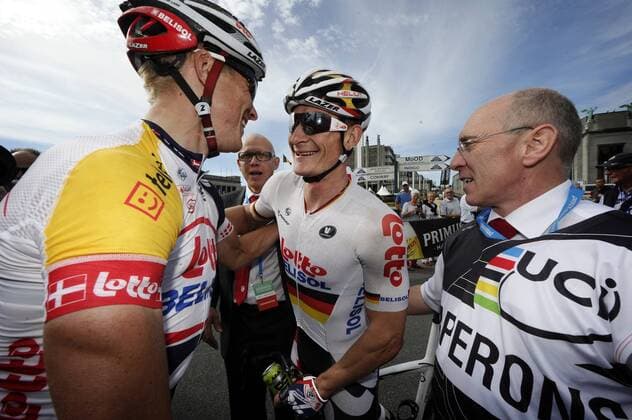 : Andre Greipel (Germany Team Lotto Belisol) celebrates the win with teammate Marcel Sieberg (Germany Team Lotto Belisol) CYCLISME : Bruxelles - Bruxelles - 07 09 2013 PhotoNews Panoramic 