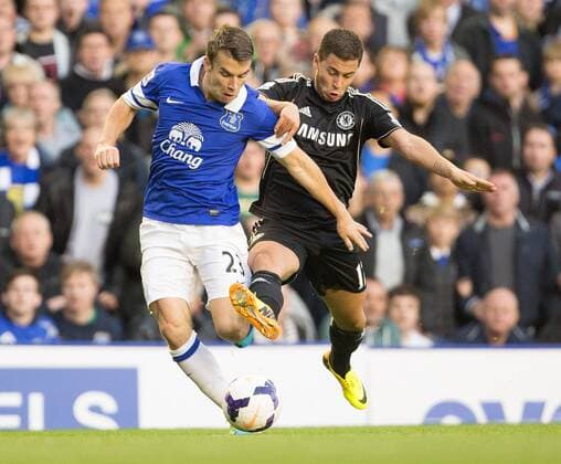 Eden Hazard of Chelsea tackles Seamus Coleman of Everton - Everton vs. Chelsea - Premier League - Goodison Park - Liverpool - 14 09 2013 Pic Philip Oldham Sportimage EDITORIAL USE ONLY. No use with unauthorised audio, video, data, fixture lists, club league logos or live services. Online in-match use limited to 120 images, no video emulation. No use in betting, games or single club league player publications.