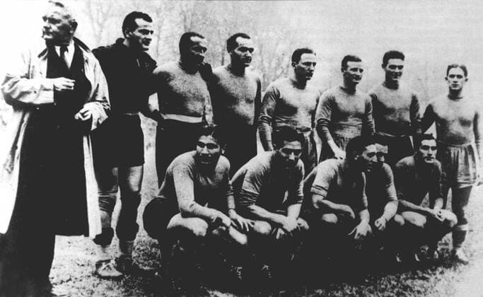 Training Italian Football Team 1938 World Cup - with coach Vittorio Pozzo, goalkeeper Aldo Olivieri and captain Giuseppe Meazza  UnitedArchives00506996