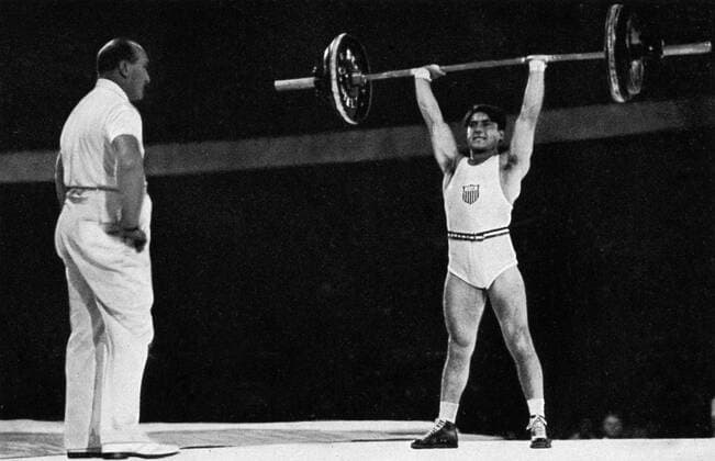 1936 Olympics, Berlin - The Olympic winner in the feather spring weight, Anthony Terlazzo of the USA lifted altogether 312.5 kg. (Der Olympiasieger im Federgewicht, Anthony Terlazzo-USA, stemmte insgesamt 312,5 kg.) Â  UnitedArchives00864869
