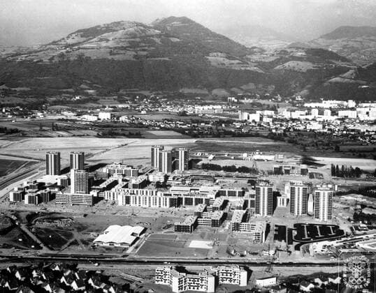 Grenoble , France : An aerial view of the Olympic Village of Grenoble , where competitiors from 500 nations will stay for the duration of the 1968 Winter Olympic Games . The Olympic Village is just on the outskirts of the City . 27th December 1967, Vereinte Nationen, UN  UnitedArchives00866464