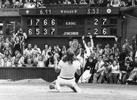 Sweden s Bjorn Borg falls to his knees in front of the Centre Court scoreboard, after beating his American opponent 1-6, 6-3, 7-5, 6-7, 8-6, to take the All England Lawn Tennis Championship Men s Singles final for the fifth year in succession at Wimbledon, England on 5th July 1980. Â  UnitedArchives00930610