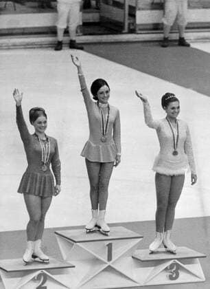 1968 Winter Olympic Games - Grenoble, France The Figure Skating Gold Medal in the Winter Olympic Games at Grenoble, was son by Peggy Fleming of the United States - Pictured on the rostrum after the event at Grenoble are (l-r) Brierle Seyfert (Germany, Silver Medal); Peggy Fleming (USA, Gold Medal) and Hana Maskova (Czechoslovakia, Bronze Medal). 13 February 1968. - Â  UnitedArchives01026114