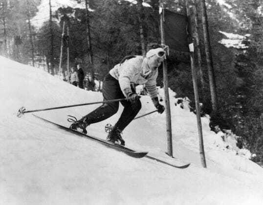 1956 Winter Olympic Games - Cortina dâÄ™Ampezzo, Italy Anton Sailer of Austria wins the giant slalom on 31st January 1956. Picture shows Ski Champion Tony Sailer winning a gold medal in the Winter Olympics at Cortina when he won the Giant Slalom event. He went on to become the first man to win all three alpine skiing events in the same olympics - Â  UnitedArchives01026129