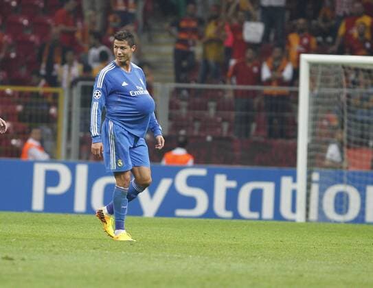 Champions League match played between Real Madrid and Galatasaray Istanbul. In this picture, Cristiano Ronaldo with the ball after scoring hattrick xBEATRIZxGUZMANx