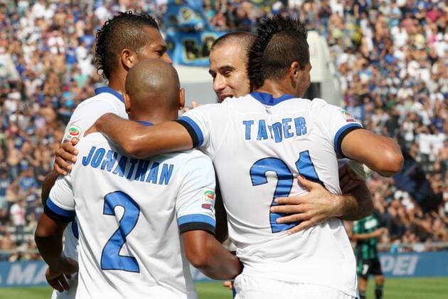 Jonathan, Rodrigo Palacio Inter Goal Celebration Saphir Taider Inter Serie A - US Sassuolo Calcio Vs Inter Milan - lucaxpagliaricci