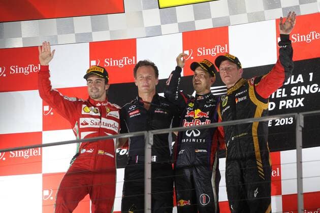 Podium, Sebastian Vettel, Red Bull Racing, Sieg vor Fernando Alonso, Scuderia Ferrari, und Kimi Räikkönen, Lotus F1 Team, Christian Horner, Teamchef Red Bull Racing, formula 1 GP, Singapore, 22.09.2013, Photo:mspb Thomas Melzer Podium, Sebastian Vettel, Fernando Alonso, Kimi Räikkönen, Christian Horner, formula 1 GP, Singapore