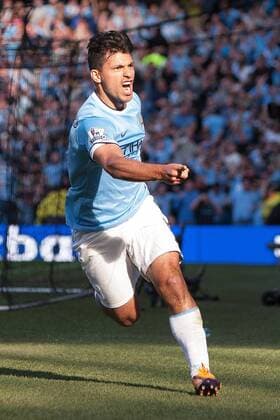 Sergio Kun Aguero of Manchester City celebrates scoring the opening goal - Manchester City vs Manchester United - Barclay s Premier League - Etihad Stadium - Manchester - 22 09 2013 EDITORIAL USE ONLY. No use with unauthorised audio, video, data, fixture lists, club league logos or live services. Online in-match use limited to 120 images, no video emulation. No use in betting, games or single club league player publications.