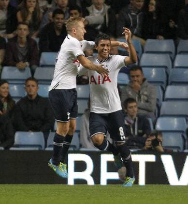 Paulinho (right) celebrates scoring the second goal of the game for Tottenham with Lewis Holtby - Football - Capital One Cup - Aston Villa vs Tottenham Hotspur - Villa Park Birmingham - Season 2013-2014 - September 24th 2013 - Photograph Malcolm Couzens Sportimage EDITORIAL USE ONLY. No use with unauthorised audio, video, data, fixture lists, club league logos or live services. Online in-match use limited to 120 images, no video emulation. No use in betting, games or single club league player publications.