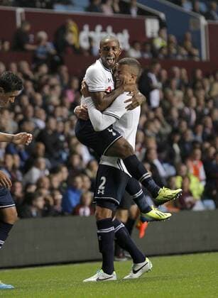 Jermaine Defoe celebrates scoring the first goal of the game for Tottenham Hotspur with Kyle Walker (right) - Football - Capital One Cup - Aston Villa vs Tottenham Hotspur - Villa Park Birmingham - Season 2013-2014 - September 24th 2013 - Photograph Malcolm Couzens Sportimage EDITORIAL USE ONLY. No use with unauthorised audio, video, data, fixture lists, club league logos or live services. Online in-match use limited to 120 images, no video emulation. No use in betting, games or single club league player publications.