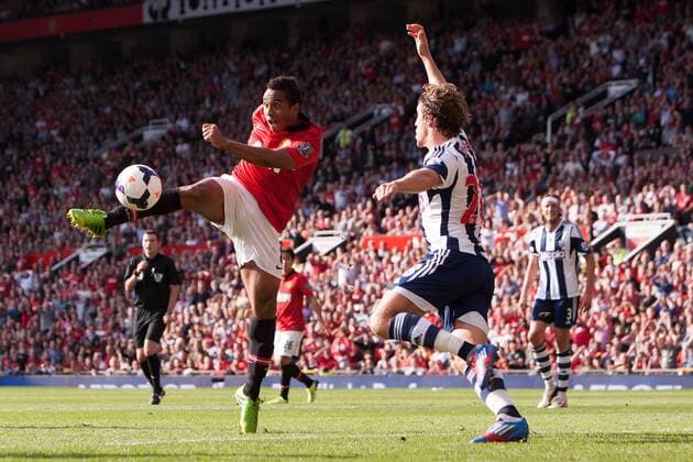 Anderson of Manchester United strikes at goal - Manchester United vs. West Bromwich Albion - Barclay s Premier League - Old Trafford - Manchester - 28 09 2013 Pic Philip Oldham Sportimage EDITORIAL USE ONLY. No use with unauthorised audio, video, data, fixture lists, club league logos or live services. Online in-match use limited to 120 images, no video emulation. No use in betting, games or single club league player publications.