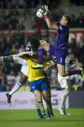 Football - 2013 2014 Premier League - Swansea City vs. Arsenal wojciech szczesny leaps to save from bony at the Liberty Stadium. COLORSPORT WINSTON BYNORTH 