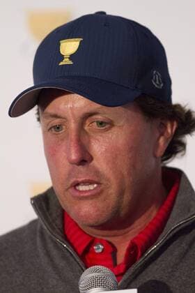 02 October 2013: Phil Mickelson of the United States Team addressing the media during the pairings for Thursday s matches press conference at Muirfield Village GC in Dublin, Ohio GOLF: OCT 02 PGA Golf Herren - The Presidents Cup - Practice Round Icon20532380 EDITORIAL USE ONLY