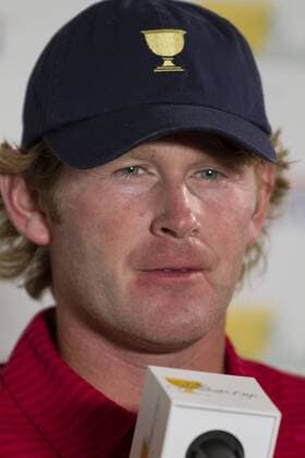 02 October 2013: Brandt Snedeker of the United States Team addressing the media during the pairings for Thursday s matches press conference at Muirfield Village GC in Dublin, Ohio GOLF: OCT 02 PGA Golf Herren - The Presidents Cup - Practice Round Icon20532406 EDITORIAL USE ONLY
