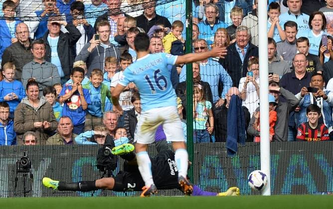 Sergio Aguero of Manchester City scores his second from a penalty - Barclays Premier League - Manchester City vs Everton - Etihad Stadium - Manchester - England - 05 10 13 - Picture Simon Bellis Sportimage EDITORIAL USE ONLY. No use with unauthorised audio, video, data, fixture lists, club league logos or live services. Online in-match use limited to 120 images, no video emulation. No use in betting, games or single club league player publications.