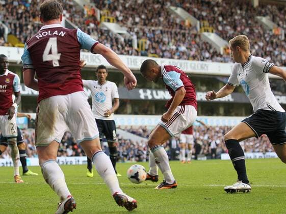 West Ham s Winston Reid scoring his sides opening goal Tottenham Hotspur - West Ham United - Premier League - White Hart Lane - London - England -06 10 2013 - xDavidxKleinx EDITORIAL USE ONLY. No use with unauthorised audio, video, data, fixture lists, club league logos or live services. Online in-match use limited to 120 images, no video emulation. No use in betting, games or single club league player publications.