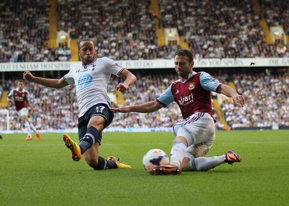 Tottenham s Andros Townsend tussles with West Ham s Razvan Rat Tottenham Hotspur - West Ham United - Premier League - White Hart Lane - London - England -06 10 2013 - xDavidxKleinx EDITORIAL USE ONLY. No use with unauthorised audio, video, data, fixture lists, club league logos or live services. Online in-match use limited to 120 images, no video emulation. No use in betting, games or single club league player publications.