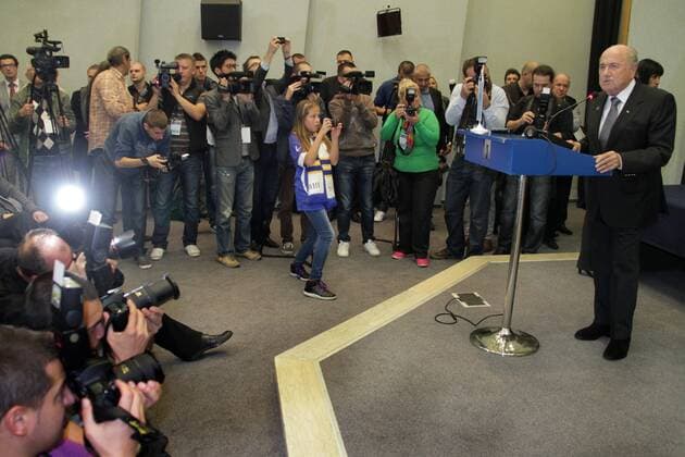 Joseph Sepp Blatter (R), FIFA president, speaks at an awarding ceremony, in Sarajevo, Bosnia and Herzegovina (BiH), on Oct. 10, 2013. Blatter, as Honorary Ambassador of Sports and Culture of Peace International League of Humanists, awarded BiH national soccer team and Safet Susic the Golden Charter Sports and Culture of Peace Juan Antonio Samaranch . (Xinhua Haris Memija) (SP)BOSNIA AND HERZEGOVINA-SOCCER-BLATTER-AWARD 